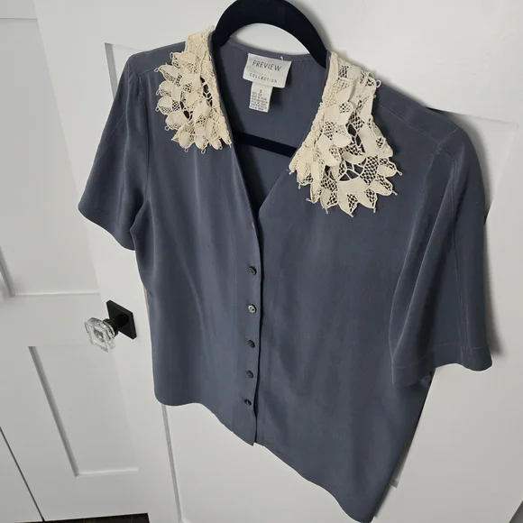 Vintage Preview Collection Blue/Grey Blouse with Cream Lace Collar 100% Silk - Picture 11 of 11